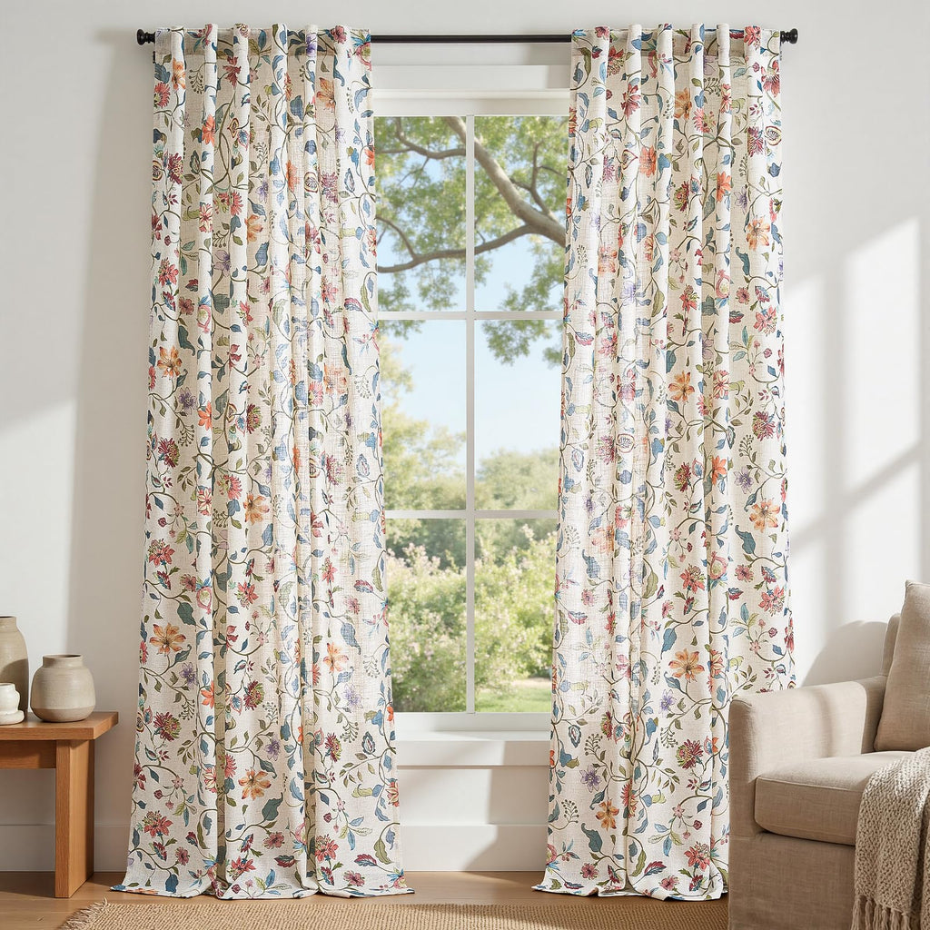 jinchan Beige Floral Linen Curtains 84 Inch Farmhouse Back Tab 2 Panels