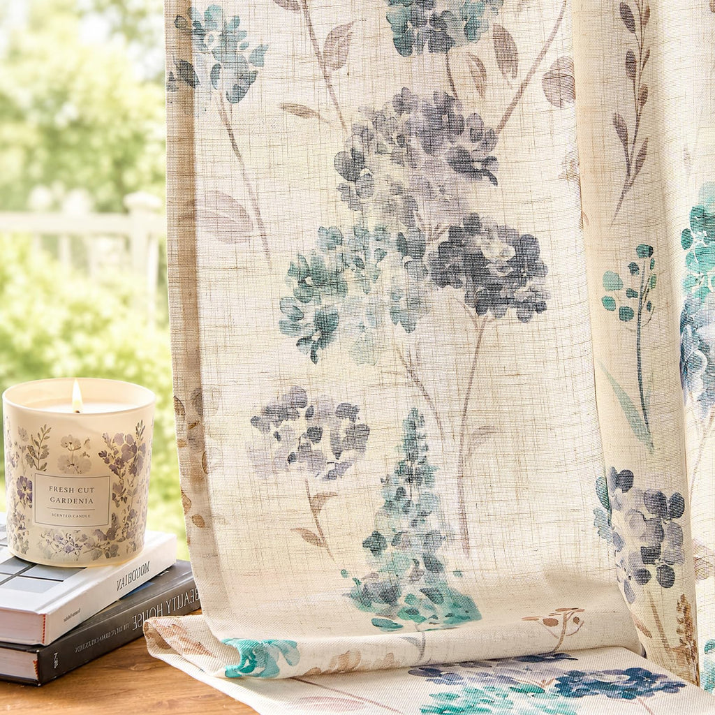 jinchan Beige Floral Linen Curtains 84 Inch Farmhouse Back Tab 2 Panels