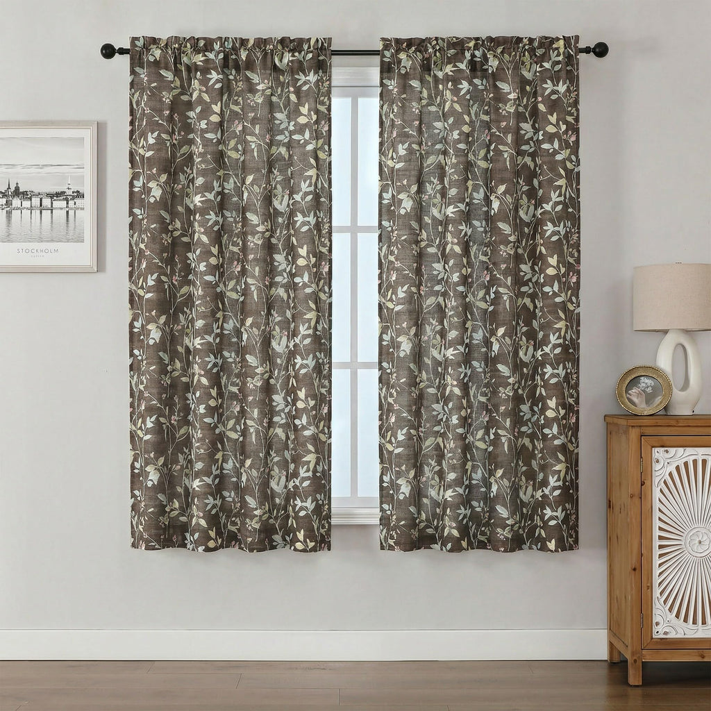 Chyhomenyc Roman Linen Blend Curtains 45 Inch Length 2 Panels, Light Filtering Soft Airy Leaf Floral Printed Rod Pocket Textured Window Treatment Drapes for Living Room Bedroom, 38Wx45L Inch, 2 PCS