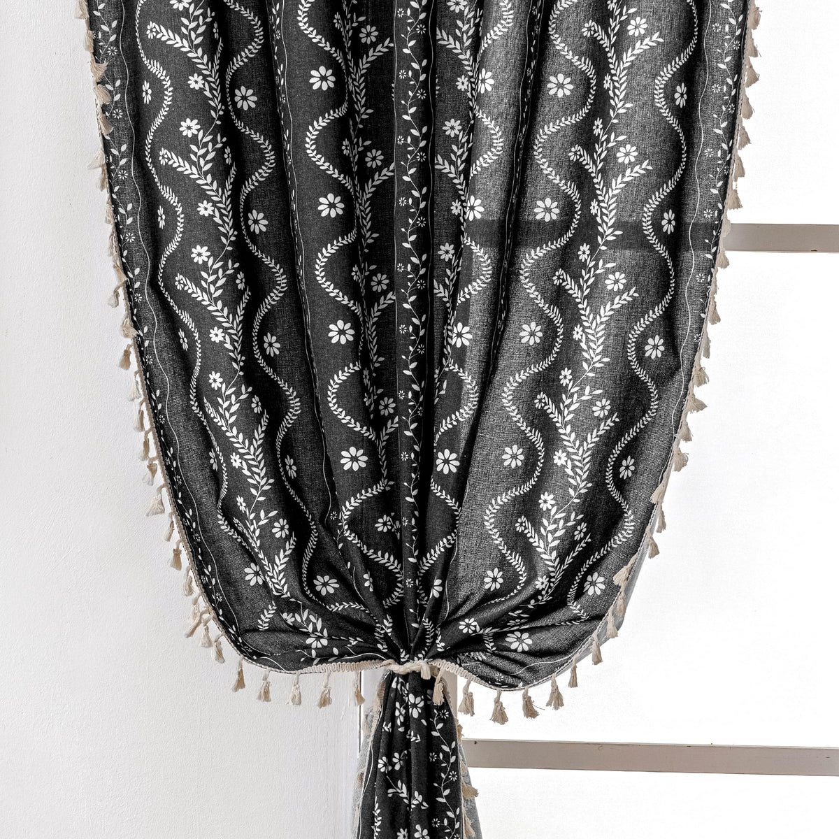 Navy Blue Boho Curtains 72 Inch Long for Living Room, Bedroom, 2 Panels Floral Farmhouse Vintage Tassel Semi Sheer Light Filtering Privacy Window Curtain Drapes with Rod Pocket, Navy Blue