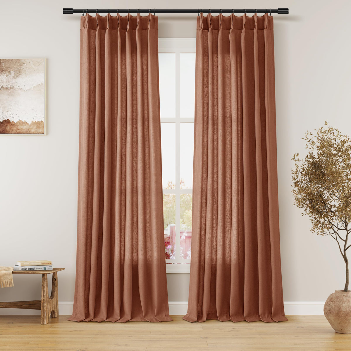 Aersas Linen Pinch Pleated Curtains 84 Inch Length 2 Panels Set for Living Room Cream Semi Sheer Window Curtain for Bedroom Boho Farmhouse Neutral Back Tab Drape Decor with Hooks, Natural Beige Ivory