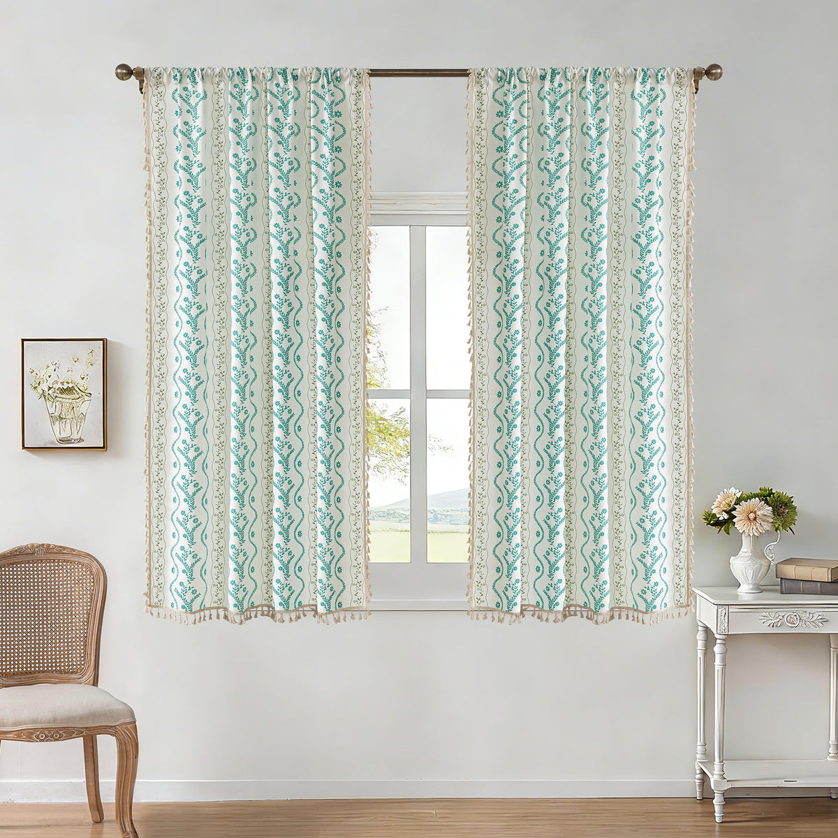 Navy Blue Boho Curtains 72 Inch Long for Living Room, Bedroom, 2 Panels Floral Farmhouse Vintage Tassel Semi Sheer Light Filtering Privacy Window Curtain Drapes with Rod Pocket, Navy Blue
