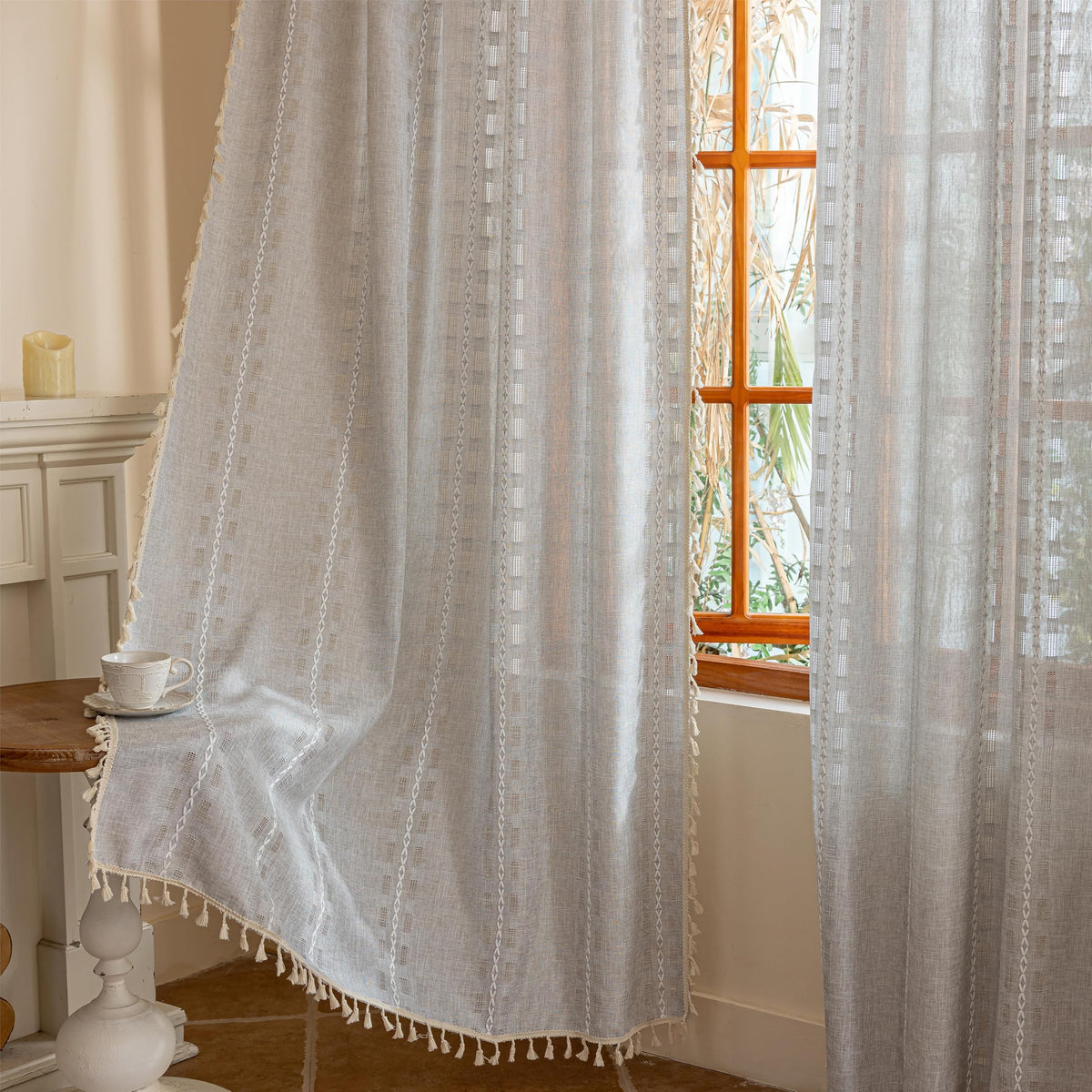 Boho Sheer Sage Green Curtains 84 inches Long 2 Panels for Living Room Bedroom,Farmhouse, Bohemian Tassels Country Light Filtering Xmas Curtains Shabby Chic Embroidery Striped Draps Back Tab, 50" W