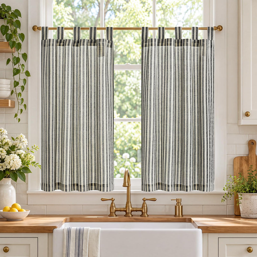 jinchan Striped Linen Kitchen Curtains 36 Inches Length Tier Curtains Farmhouse Modern Cafe Style Small Window Treatments Airy Light Filtering Rod Pocket for Living Room Bathroom 2 Panels Sage Green