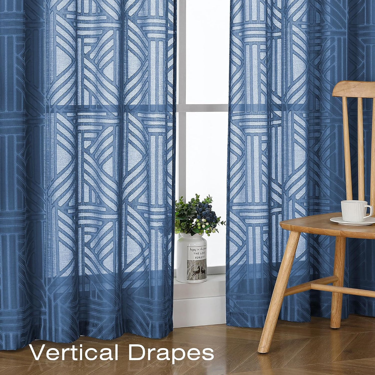 Simplebrand Dusty Blue Semi Sheer Curtains 45 Inch Length 2 Panels, Geometric Jacquard Clip Textured Short Sheer Curtains for Bedroom，Modern Elegant Window Curtains Drapes/Treatment Sheer，42x45 inch