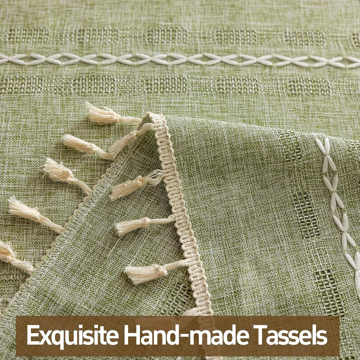 Boho Sheer Sage Green Curtains 84 inches Long 2 Panels for Living Room Bedroom,Farmhouse, Bohemian Tassels Country Light Filtering Xmas Curtains Shabby Chic Embroidery Striped Draps Back Tab, 50" W
