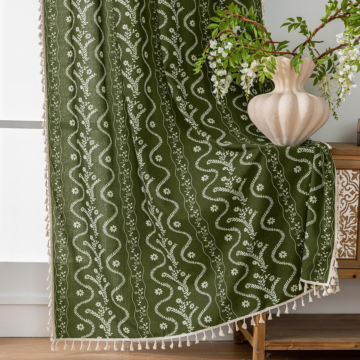 Navy Blue Boho Curtains 72 Inch Long for Living Room, Bedroom, 2 Panels Floral Farmhouse Vintage Tassel Semi Sheer Light Filtering Privacy Window Curtain Drapes with Rod Pocket, Navy Blue