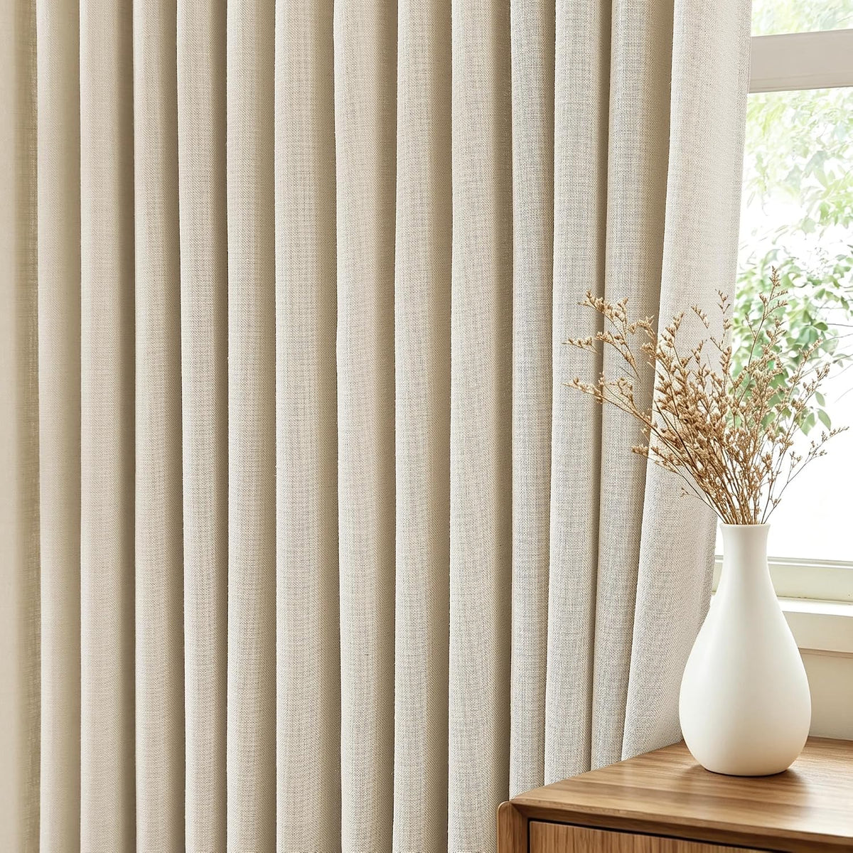Beige Pinch Pleated Linen Curtains 108 inch Length 2 Panels for Living Room Light Filtering Triple Pleat Curtain Memory Trained FarmhouseNeutral Earthy Thick Flax Linen Drapes 108 inch Long Apricot