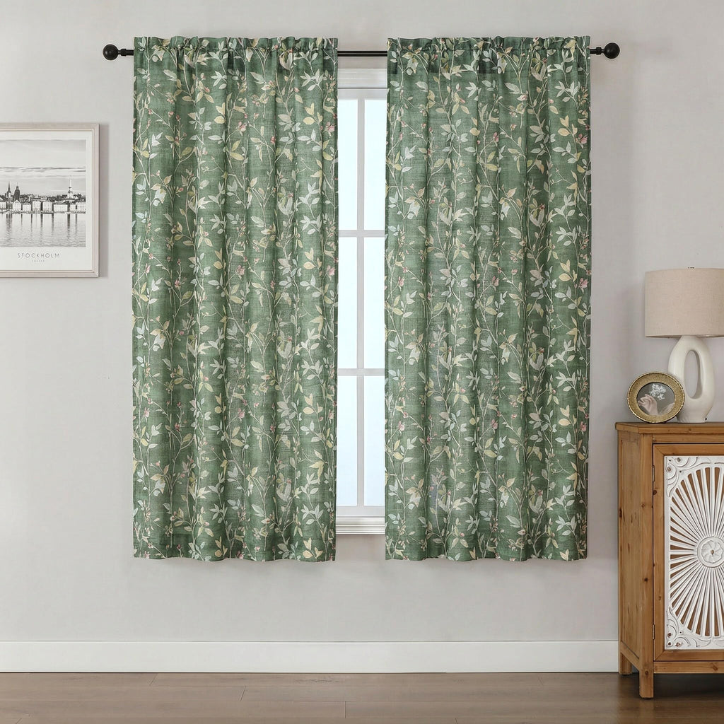 Chyhomenyc Roman Linen Blend Curtains 45 Inch Length 2 Panels, Light Filtering Soft Airy Leaf Floral Printed Rod Pocket Textured Window Treatment Drapes for Living Room Bedroom, 38Wx45L Inch, 2 PCS
