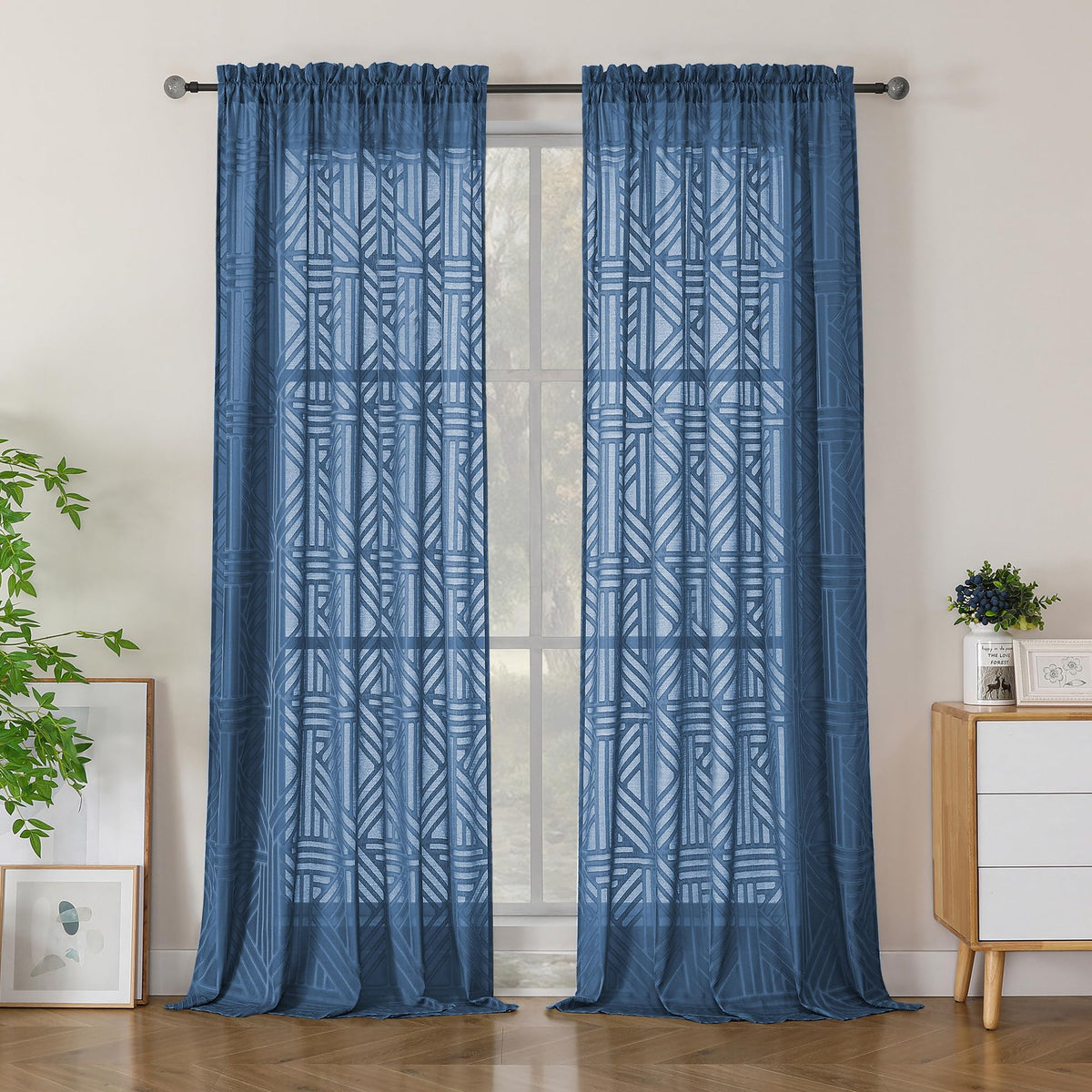 Simplebrand Dusty Blue Semi Sheer Curtains 45 Inch Length 2 Panels, Geometric Jacquard Clip Textured Short Sheer Curtains for Bedroom，Modern Elegant Window Curtains Drapes/Treatment Sheer，42x45 inch