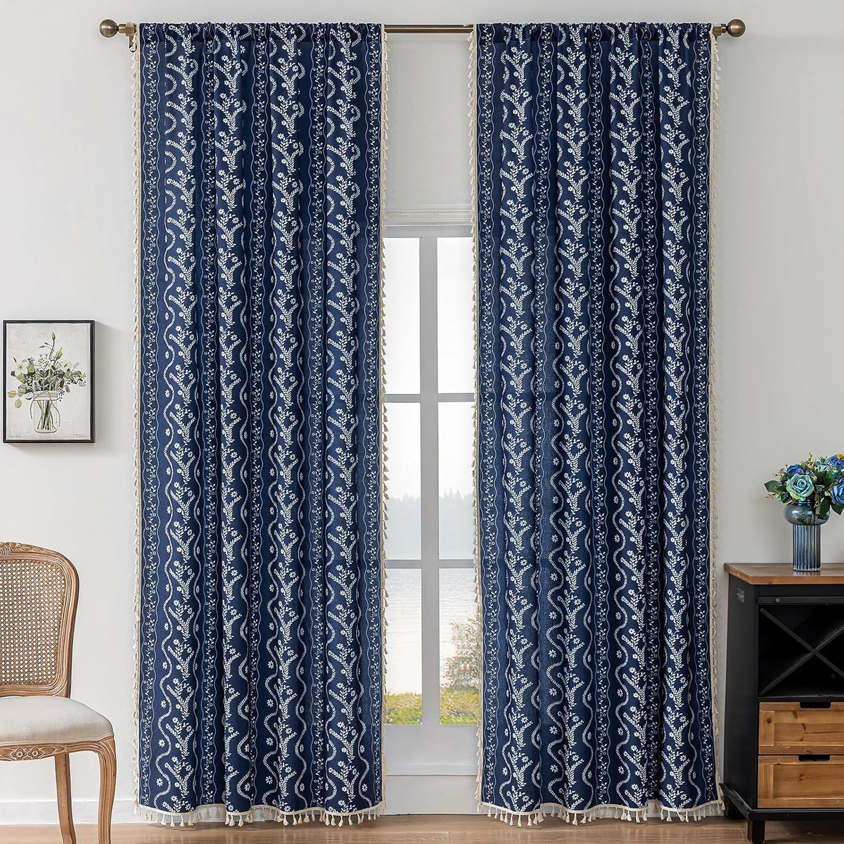 Navy Blue Boho Curtains 72 Inch Long for Living Room, Bedroom, 2 Panels Floral Farmhouse Vintage Tassel Semi Sheer Light Filtering Privacy Window Curtain Drapes with Rod Pocket, Navy Blue