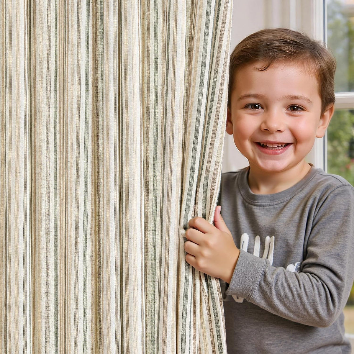 jinchan Linen Curtains 84 Inch Taupe Stripe on Linen Grommet 2 Panels