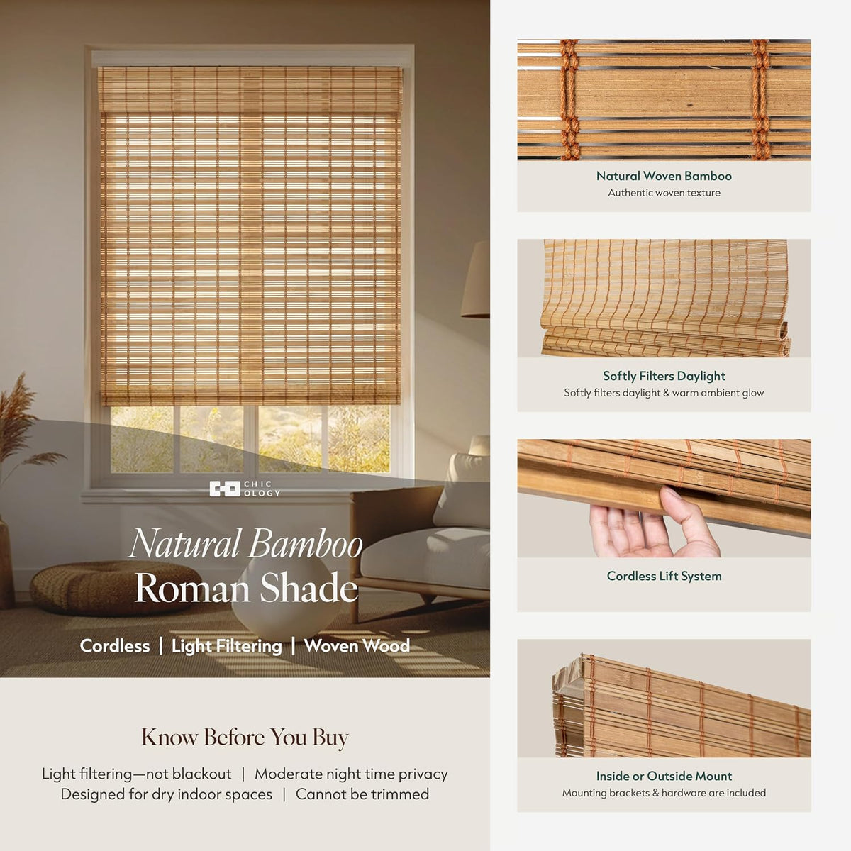 CHICOLOGY Cordless Bamboo Roman Shade, Light Filtering, Squirrel 36"x64"