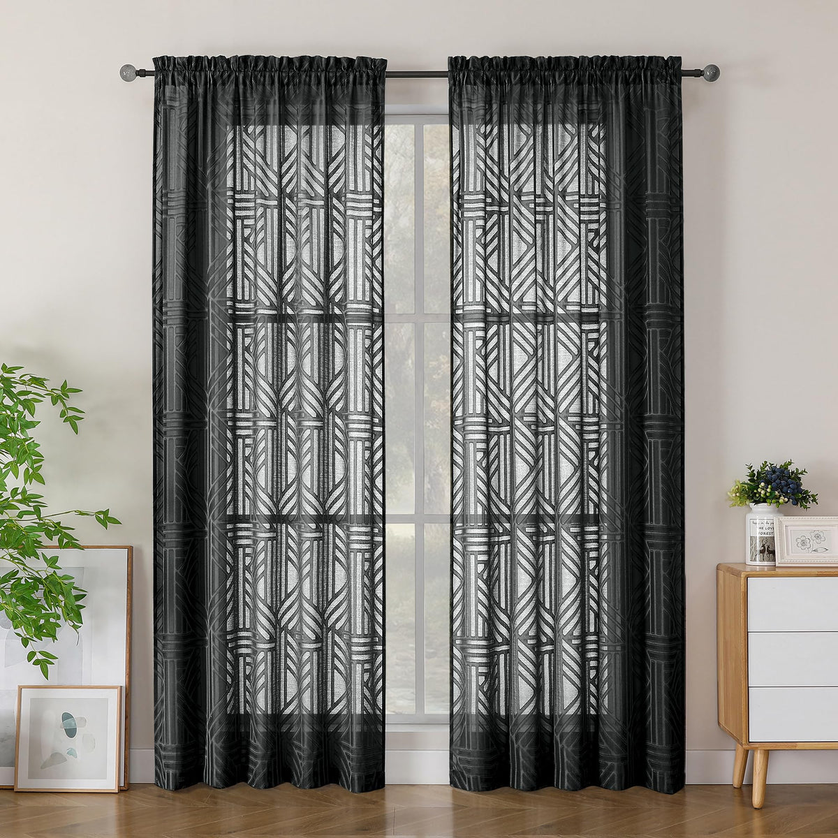 Simplebrand Dusty Blue Semi Sheer Curtains 45 Inch Length 2 Panels, Geometric Jacquard Clip Textured Short Sheer Curtains for Bedroom，Modern Elegant Window Curtains Drapes/Treatment Sheer，42x45 inch