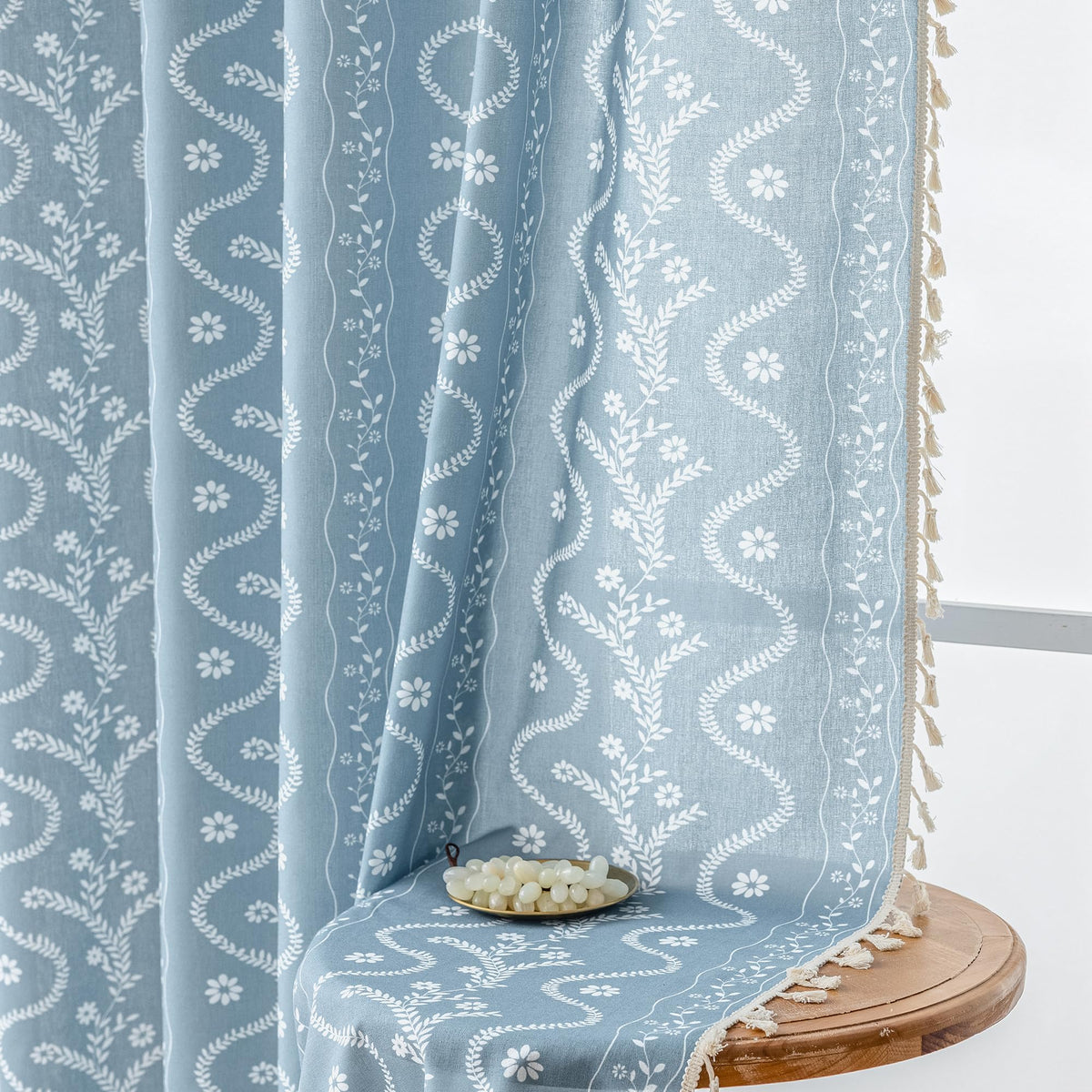 Navy Blue Boho Curtains 72 Inch Long for Living Room, Bedroom, 2 Panels Floral Farmhouse Vintage Tassel Semi Sheer Light Filtering Privacy Window Curtain Drapes with Rod Pocket, Navy Blue