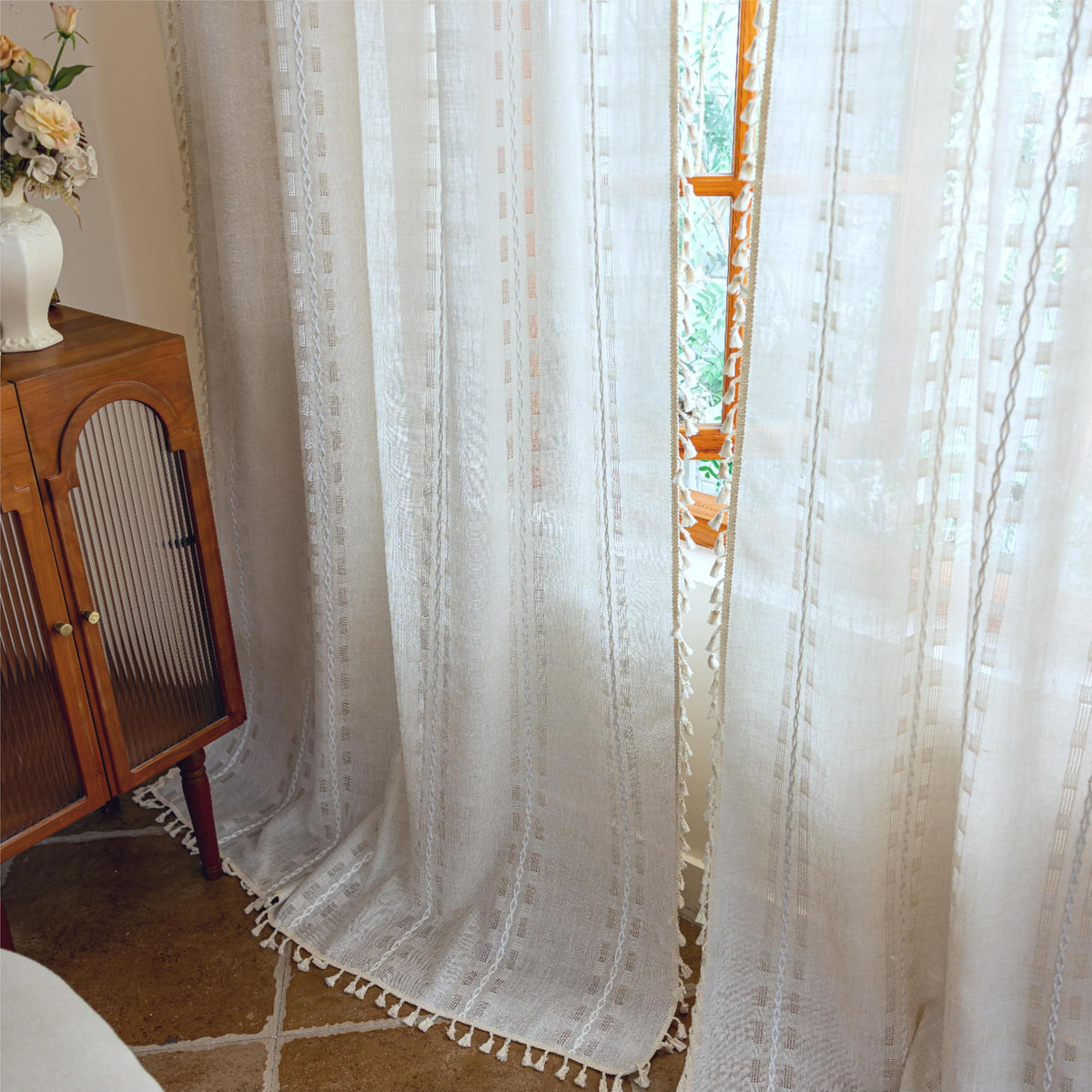 Boho Sheer Sage Green Curtains 84 inches Long 2 Panels for Living Room Bedroom,Farmhouse, Bohemian Tassels Country Light Filtering Xmas Curtains Shabby Chic Embroidery Striped Draps Back Tab, 50" W