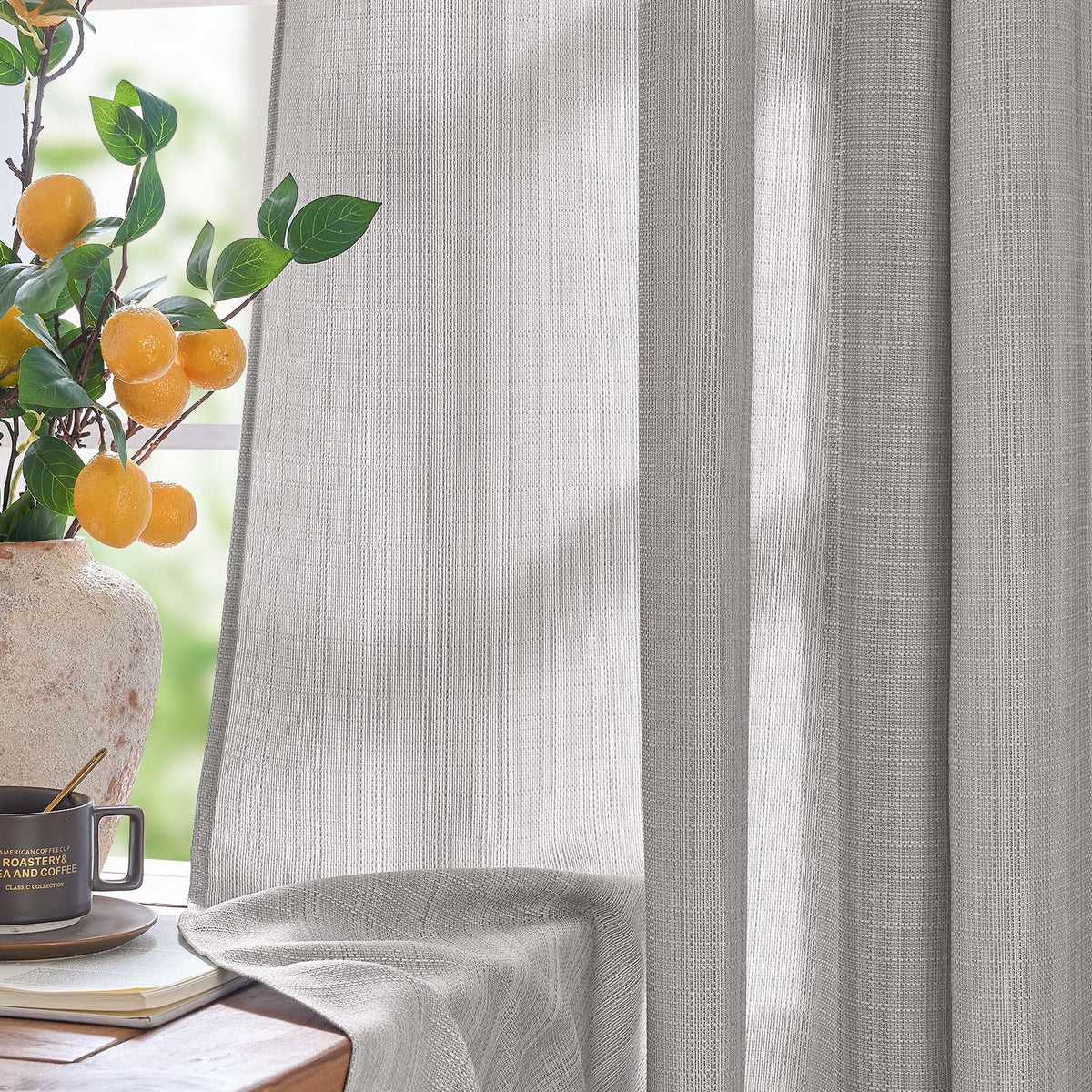 jinchan Grey Linen Textured Curtains 96 Inch Long 2 Panels for Living Room Grommet Top Light Filtering Window Drapes for Bedroom Heathered Gray