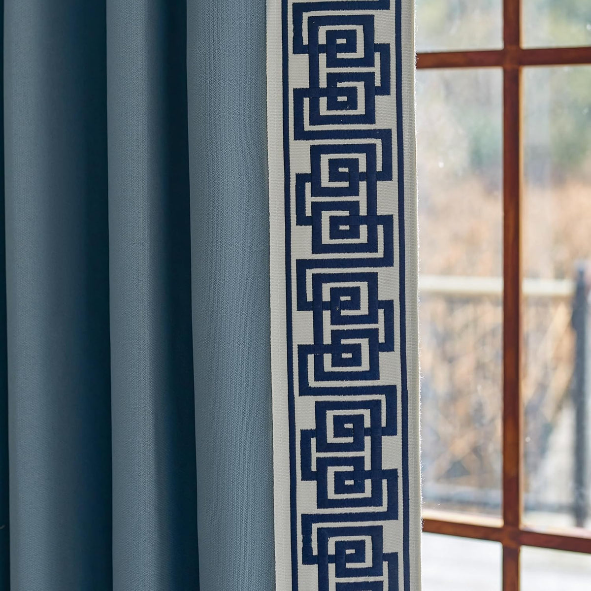 VisionaryHomeDesign Blue Pinch Pleat Cotton Linen Blend Curtains, Drapes with Greek Key Trim, Room Darkening Curtains for Rooms Doors Windows (50‘’W x 84‘’L)
