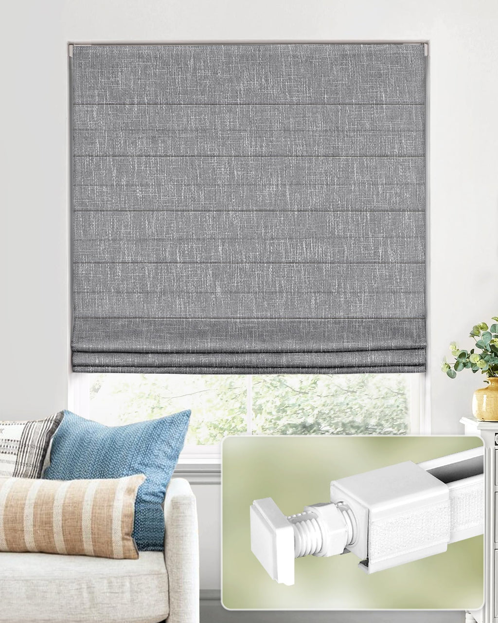 UNISHADES No Drill Cordless Roman Shades, Room Darkening, 35×64 in Beige