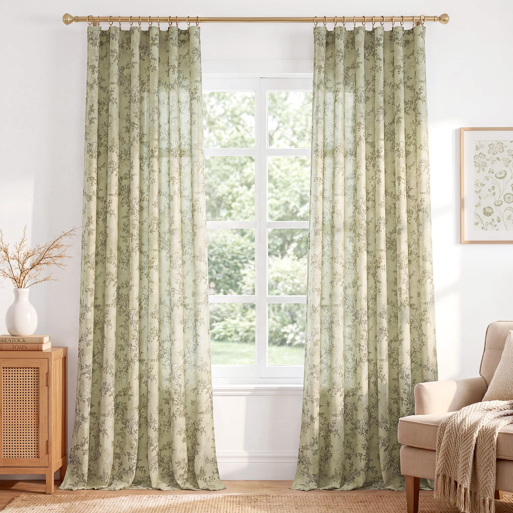 StangH Natural Linen Curtains Vintage Floral Print 108 Inch 2 Panels