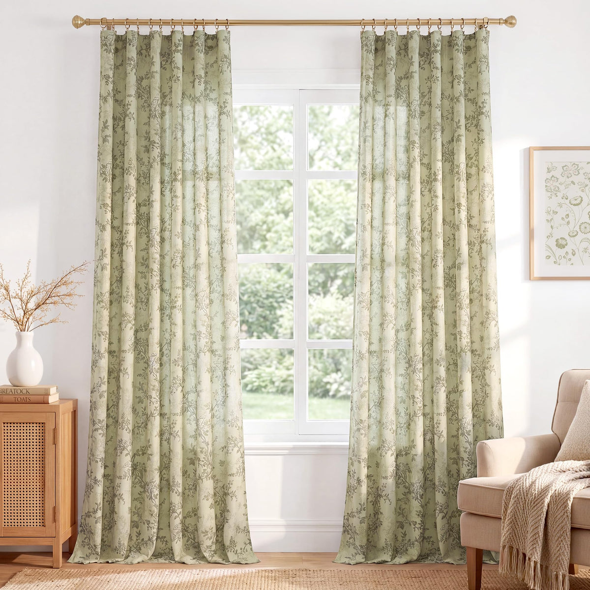 StangH Natural Linen Curtains Vintage Floral Print 108 Inch 2 Panels