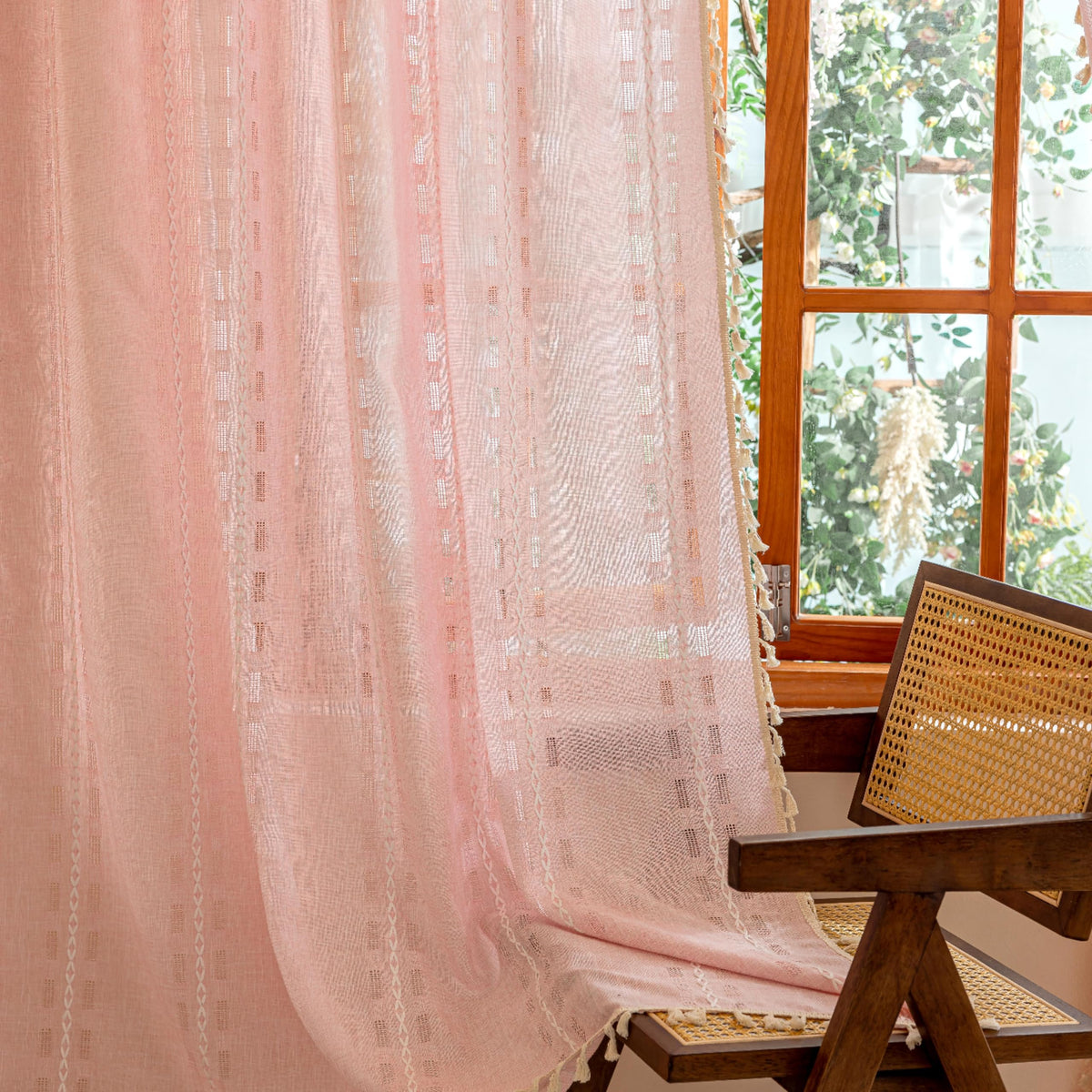 Boho Sheer Sage Green Curtains 84 inches Long 2 Panels for Living Room Bedroom,Farmhouse, Bohemian Tassels Country Light Filtering Xmas Curtains Shabby Chic Embroidery Striped Draps Back Tab, 50" W
