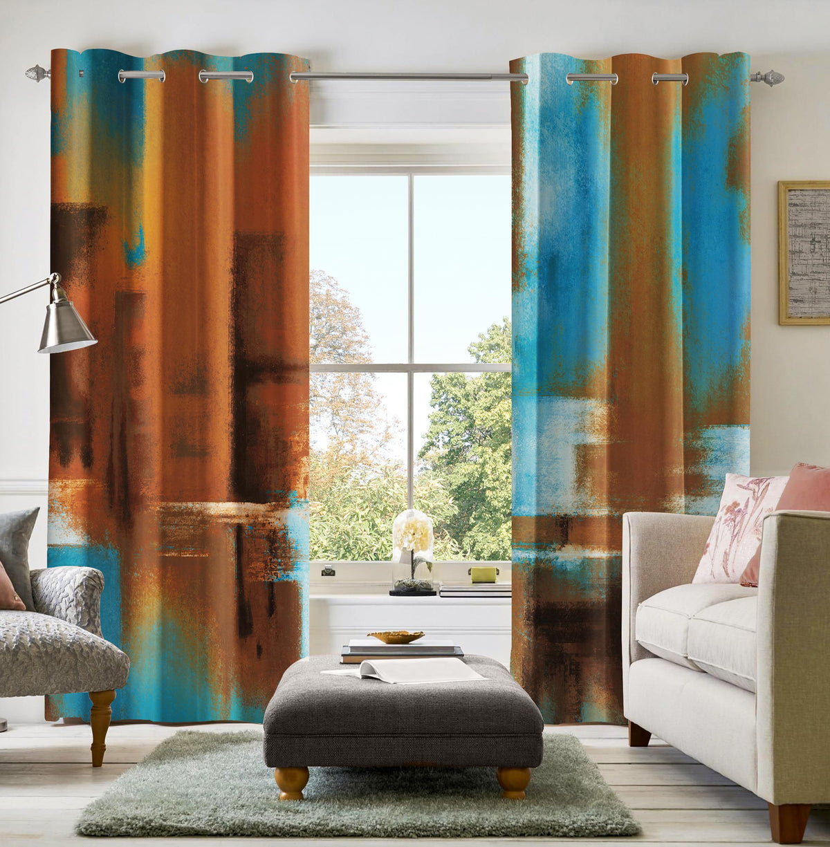 Burnt Orange Abstract Curtains for Living Room Bedroom, 52W x 84L, 2 Panels