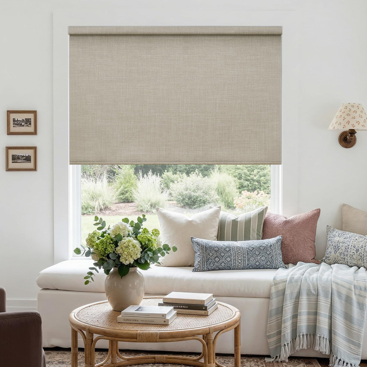 Blackout Roller Shades for Bedroom Window Cordless Free-Stop Blinds with Valance UV Protection 100% Black Out Linen Shades Blinds for Indoor Bathroom Windows Living Room Beige Oatmeal 34" W x 72" H