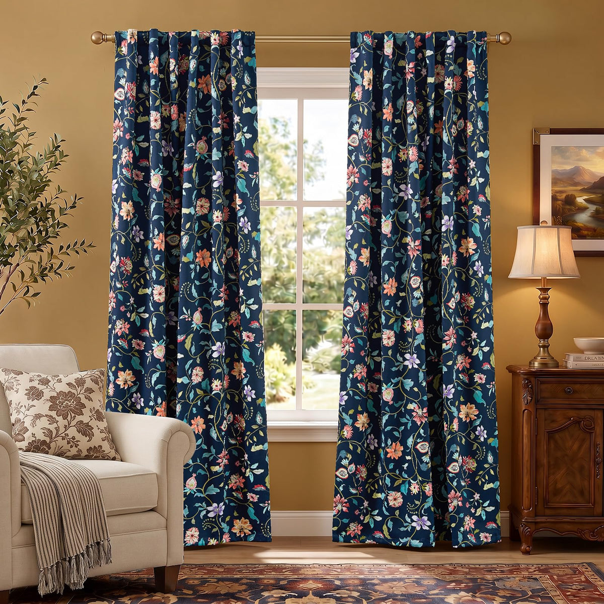 jinchan Black Boho Floral Blackout Curtains W100xL96 Grommet 1 Panel