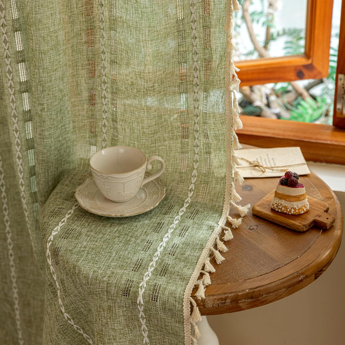 Boho Sheer Sage Green Curtains 84 inches Long 2 Panels for Living Room Bedroom,Farmhouse, Bohemian Tassels Country Light Filtering Xmas Curtains Shabby Chic Embroidery Striped Draps Back Tab, 50" W