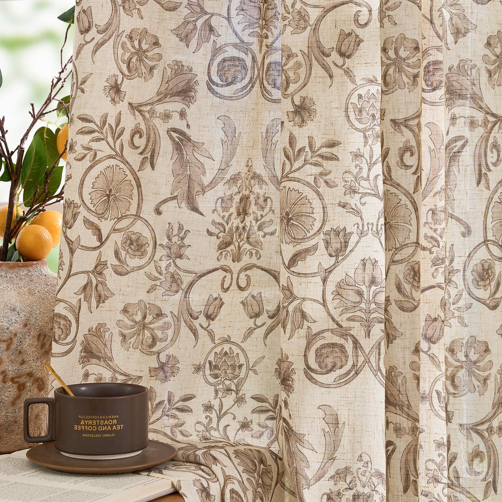 jinchan Beige Floral Linen Curtains 84 Inch Farmhouse Back Tab 2 Panels
