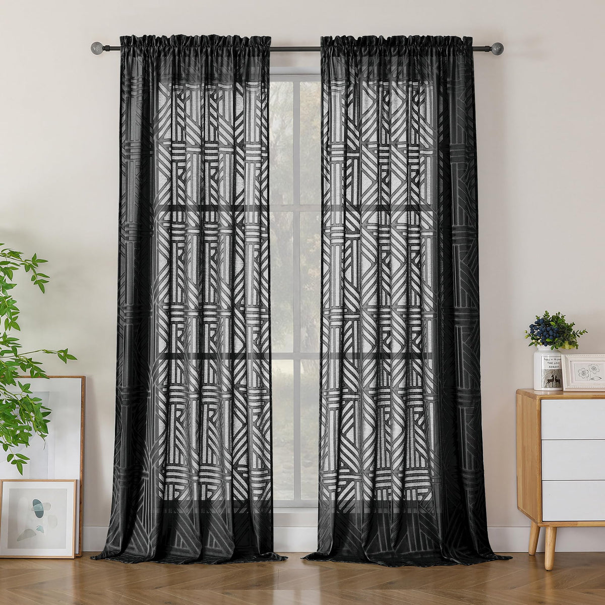 Simplebrand Dusty Blue Semi Sheer Curtains 45 Inch Length 2 Panels, Geometric Jacquard Clip Textured Short Sheer Curtains for Bedroom，Modern Elegant Window Curtains Drapes/Treatment Sheer，42x45 inch