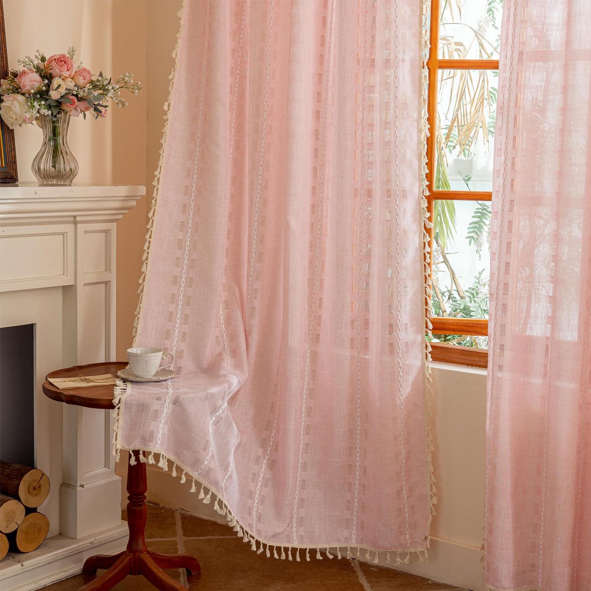 Boho Sheer Sage Green Curtains 84 inches Long 2 Panels for Living Room Bedroom,Farmhouse, Bohemian Tassels Country Light Filtering Xmas Curtains Shabby Chic Embroidery Striped Draps Back Tab, 50" W