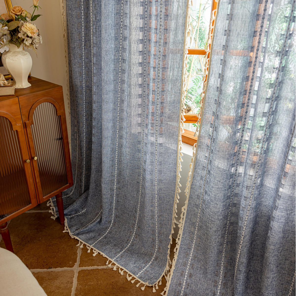 Boho Sheer Sage Green Curtains 84 inches Long 2 Panels for Living Room Bedroom,Farmhouse, Bohemian Tassels Country Light Filtering Xmas Curtains Shabby Chic Embroidery Striped Draps Back Tab, 50" W