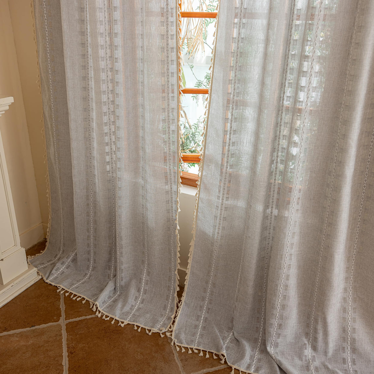 Boho Sheer Sage Green Curtains 84 inches Long 2 Panels for Living Room Bedroom,Farmhouse, Bohemian Tassels Country Light Filtering Xmas Curtains Shabby Chic Embroidery Striped Draps Back Tab, 50" W