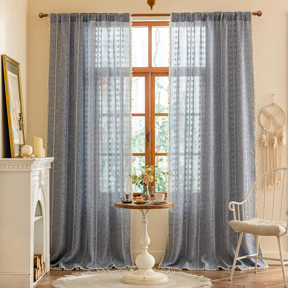 Boho Sheer Sage Green Curtains 84 inches Long 2 Panels for Living Room Bedroom,Farmhouse, Bohemian Tassels Country Light Filtering Xmas Curtains Shabby Chic Embroidery Striped Draps Back Tab, 50" W