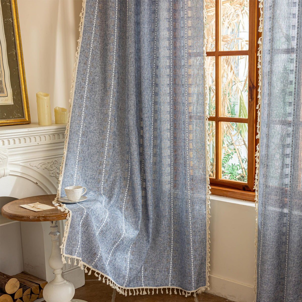 Boho Sheer Sage Green Curtains 84 inches Long 2 Panels for Living Room Bedroom,Farmhouse, Bohemian Tassels Country Light Filtering Xmas Curtains Shabby Chic Embroidery Striped Draps Back Tab, 50" W