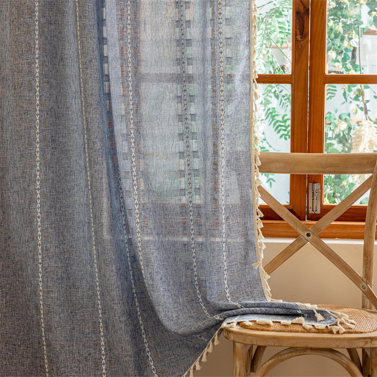 Boho Sheer Sage Green Curtains 84 inches Long 2 Panels for Living Room Bedroom,Farmhouse, Bohemian Tassels Country Light Filtering Xmas Curtains Shabby Chic Embroidery Striped Draps Back Tab, 50" W